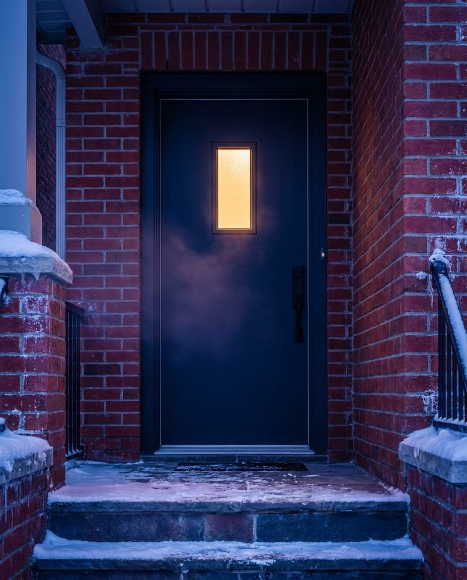 Close-up of a freshly installed door threshold, sealed and weatherstripped against drafts