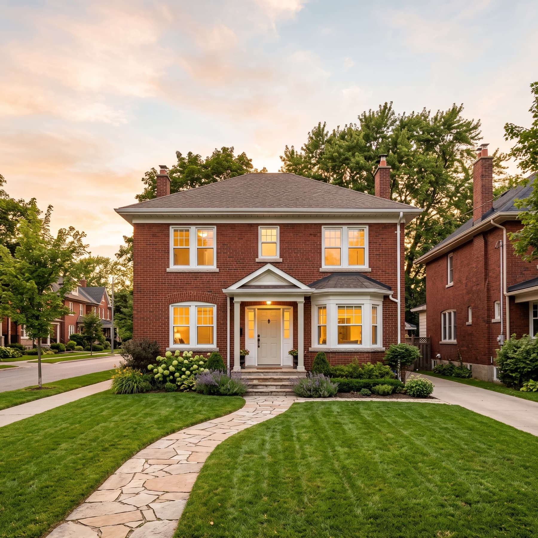 Illustrative image of a two-storey red-brick Toronto home with new white vinyl replacement windows