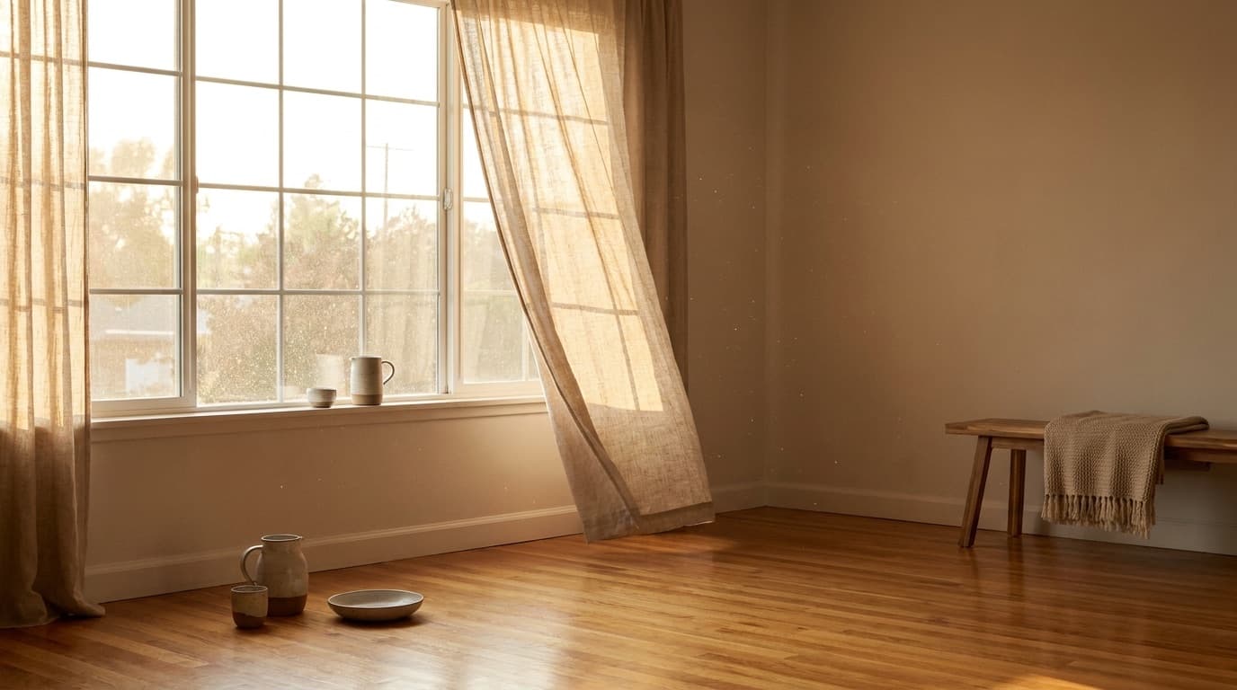 Warm golden hour light through a patio door onto hardwood floors