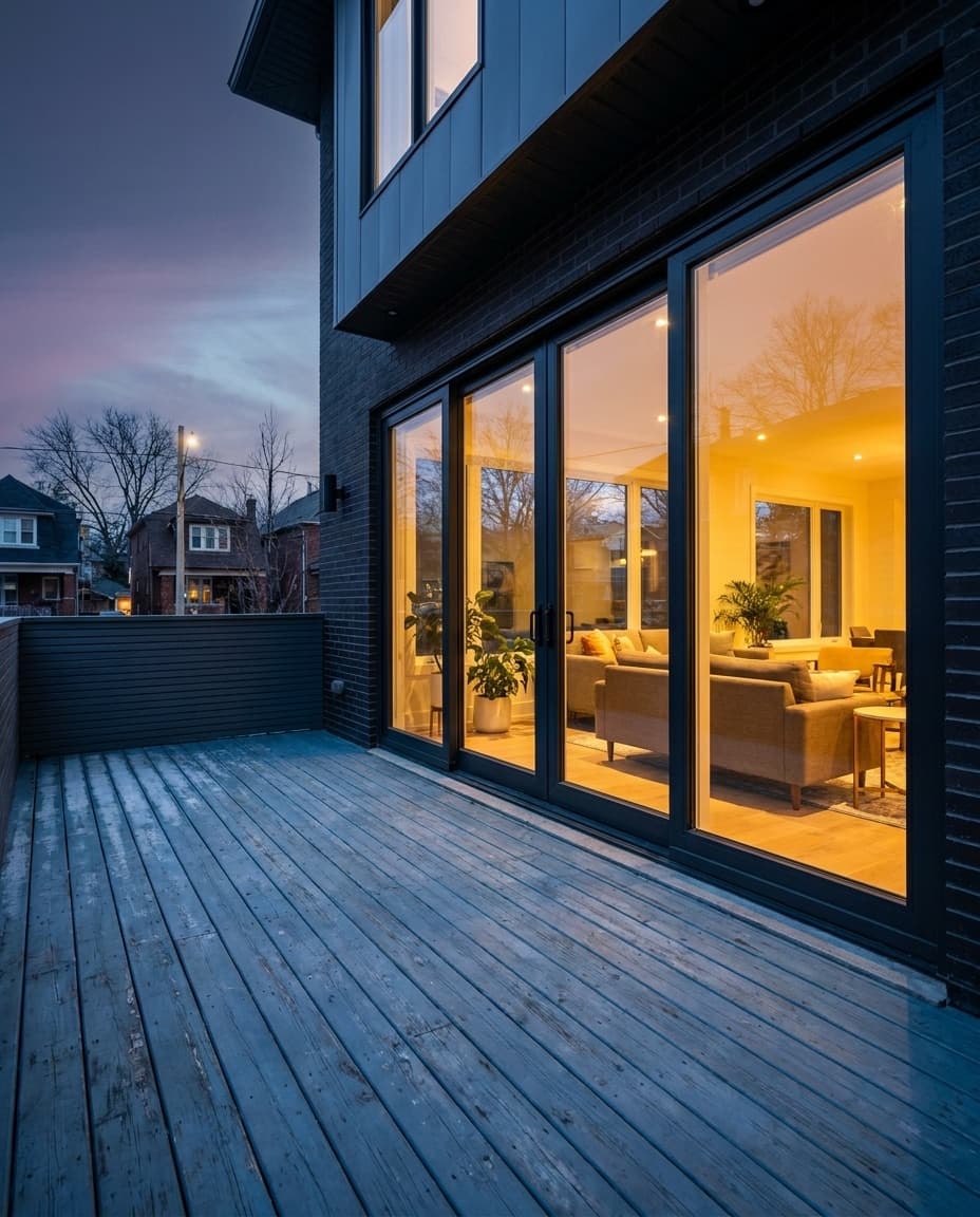 Modern sliding patio door opening onto a Toronto backyard, cold exterior tones grading to warm interior light