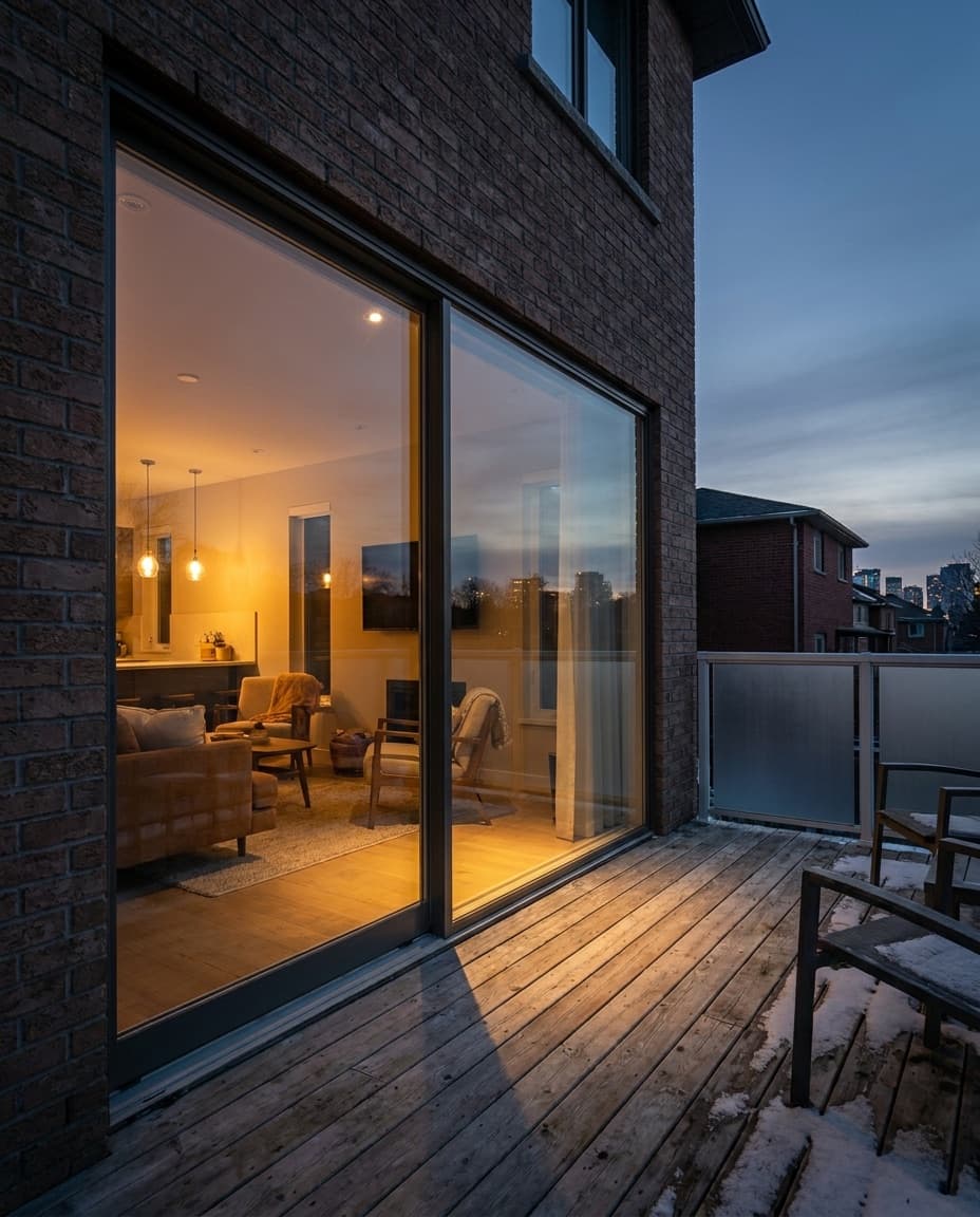 A Toronto patio door at dusk, cold blue-grey exterior tones grading into warm golden interior light through the glass