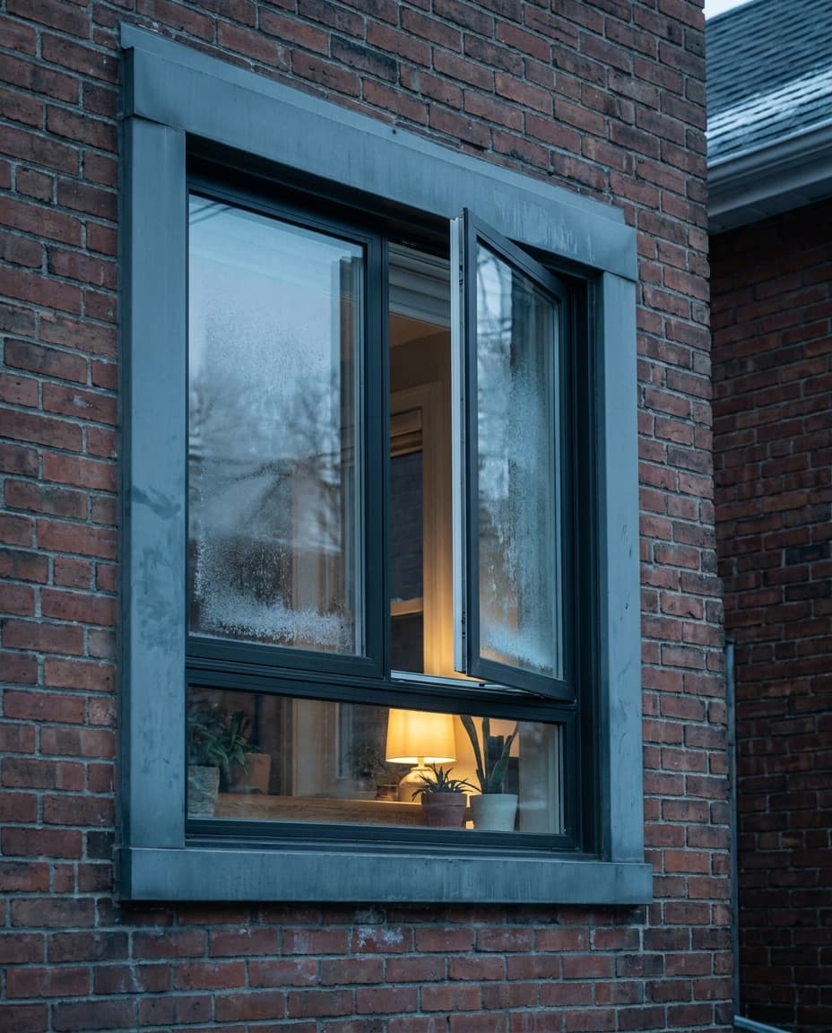 A black-frame casement window cranked open, cold exterior tones grading to warm interior light