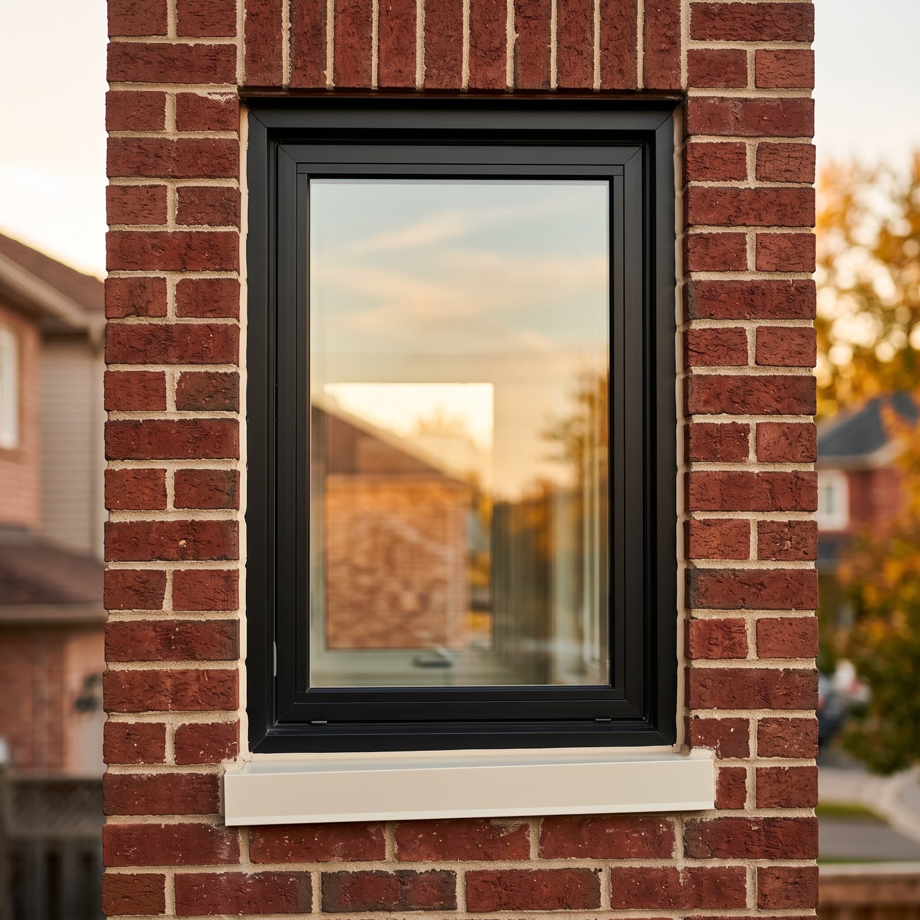 Close-up of a modern black-frame casement window set in red brick